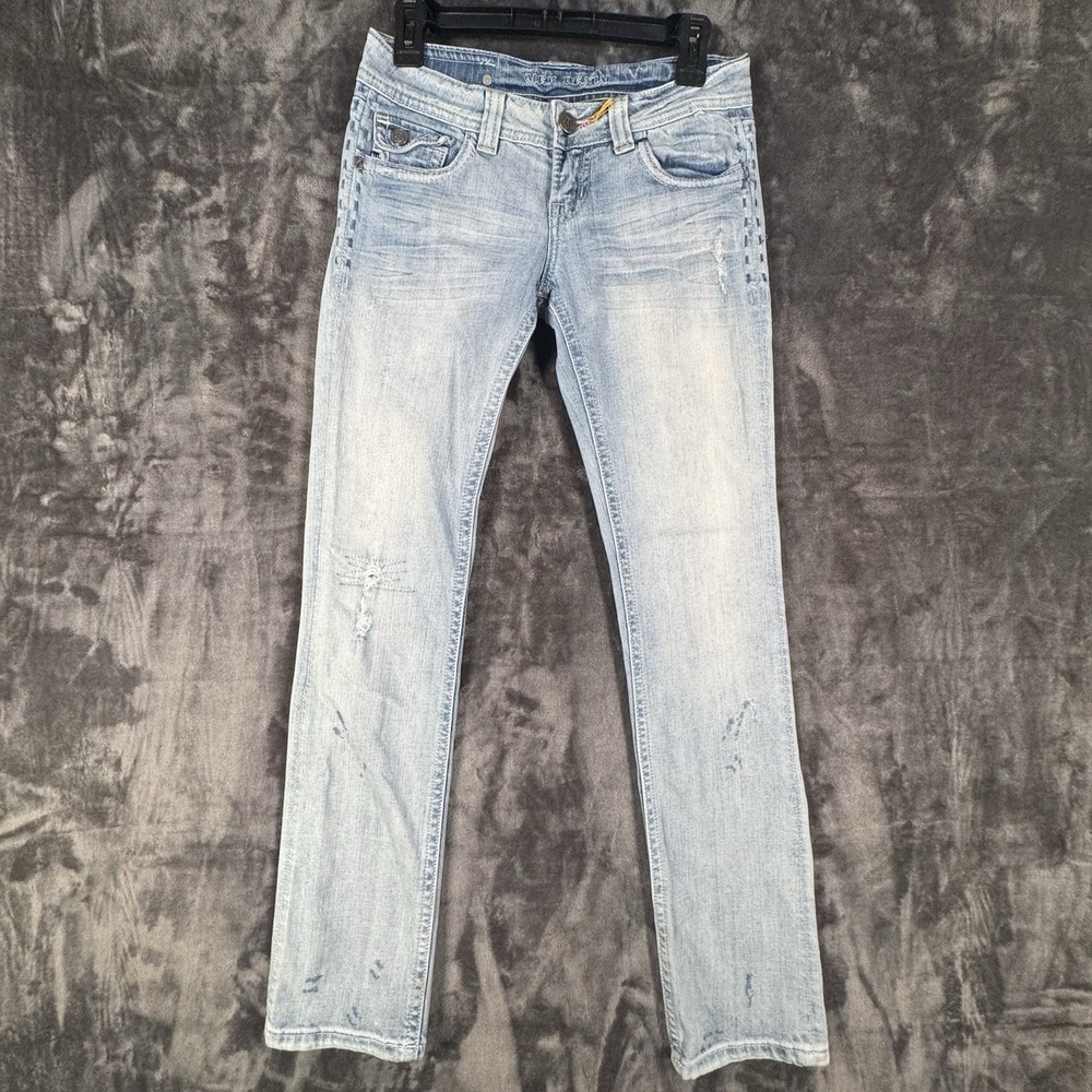 Women's MEK Jeans 26/34 Distressed Flap Pocket Light Wash Low Rise Straight Leg